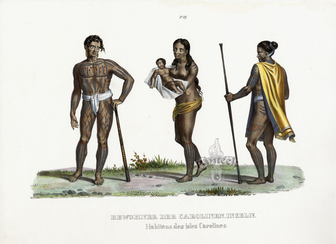 Bodmer Indigenous Peoples of the World Antique Print 1845 Inhabitants of Caroline Is.
