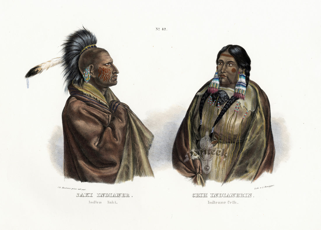 Bodmer Indigenous Peoples of the World Antique Print 1845 Saki & Cree