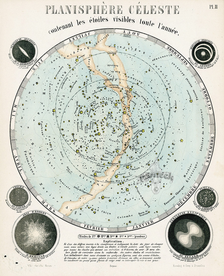 Celestial Atlas, Astronomy, Antique Print Planisphere Celeste
