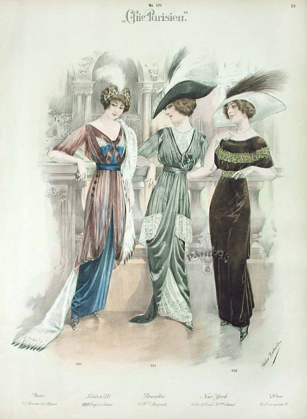 Chic Parisien Fashion Prints 1913 Blue, Green, Brown Dresses