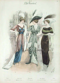 Chic Parisien Fashion Prints 1913 Blue, Green, Brown Dresses - Panteek Antique Prints