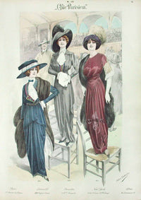 Chic Parisien Fashion Prints 1913 Blue, Grey, Red Dresses - Panteek Antique Prints