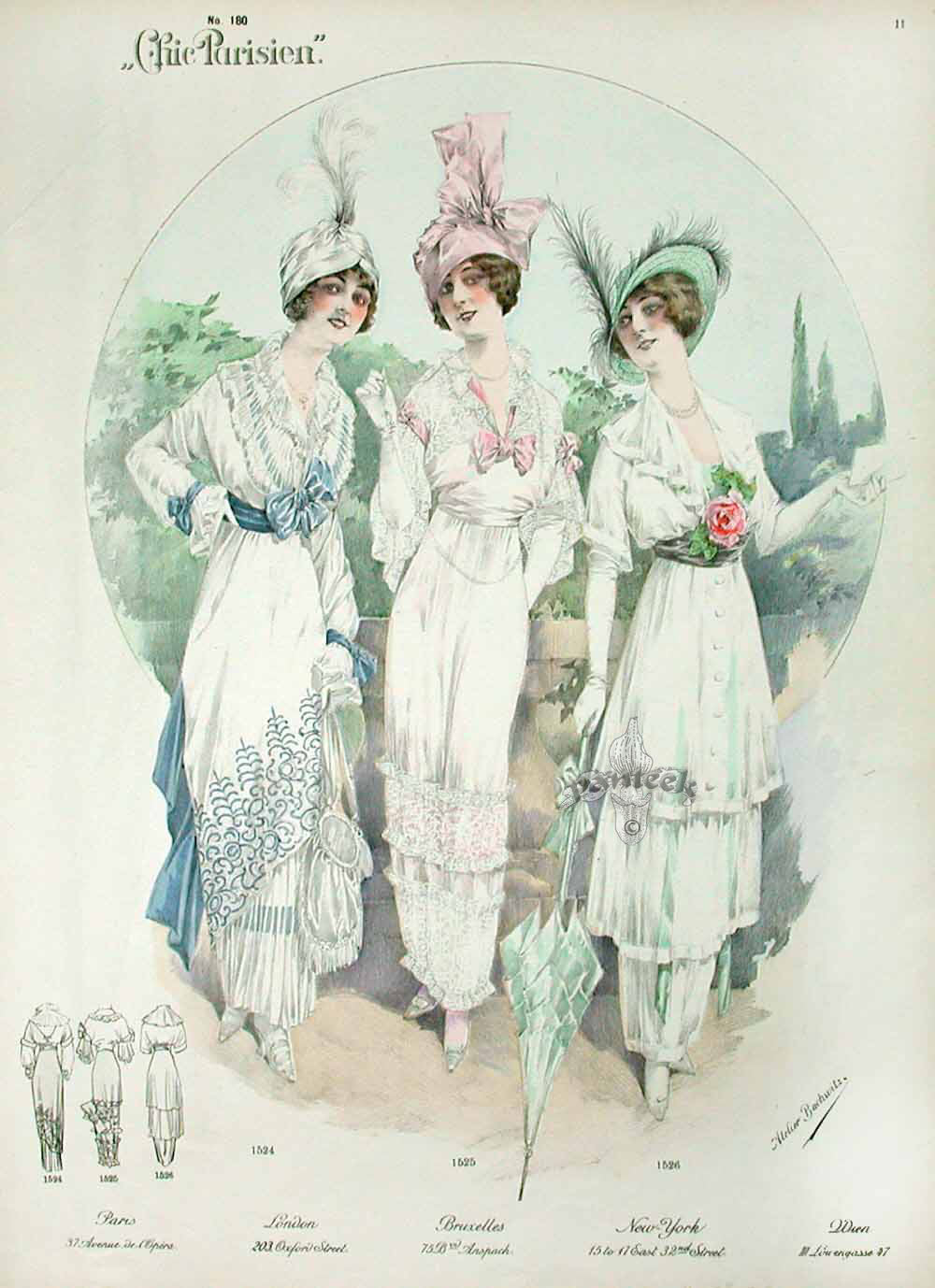 Chic Parisien Fashion Prints 1913 Blue, Pink, Green Dresses
