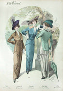 Chic Parisien Fashion Prints 1913 Brown, Blue, Green Dresses - Panteek Antique Prints