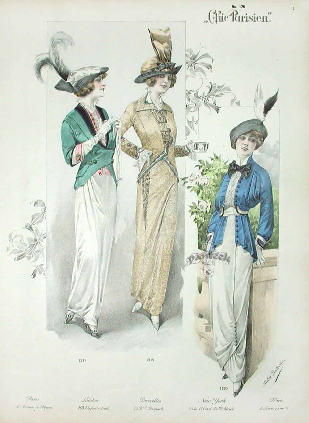 Chic Parisien Fashion Prints 1913 Green, Gold, Blue Dresses