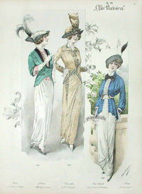 Chic Parisien Fashion Prints 1913 Green, Gold, Blue Dresses - Panteek Antique Prints