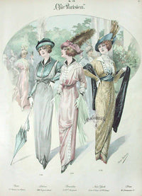 Chic Parisien Fashion Prints 1913 Green, Pink, Gold Dresses - Panteek Antique Prints