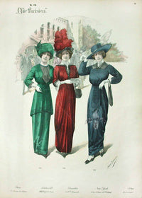 Chic Parisien Fashion Prints 1913 Green, Red, Blue Dresses - Panteek Antique Prints