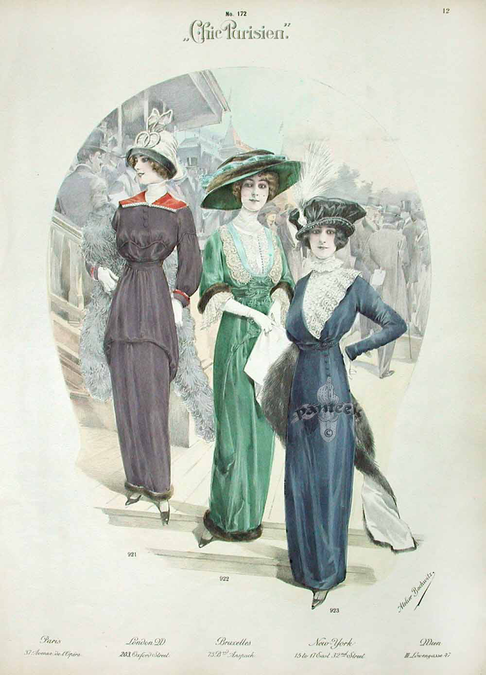 Chic Parisien Fashion Prints 1913 Purple, Green, Blue Dresses