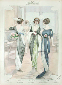 Chic Parisien Fashion Prints 1913 White, Grey, Blue Dresses - Panteek Antique Prints