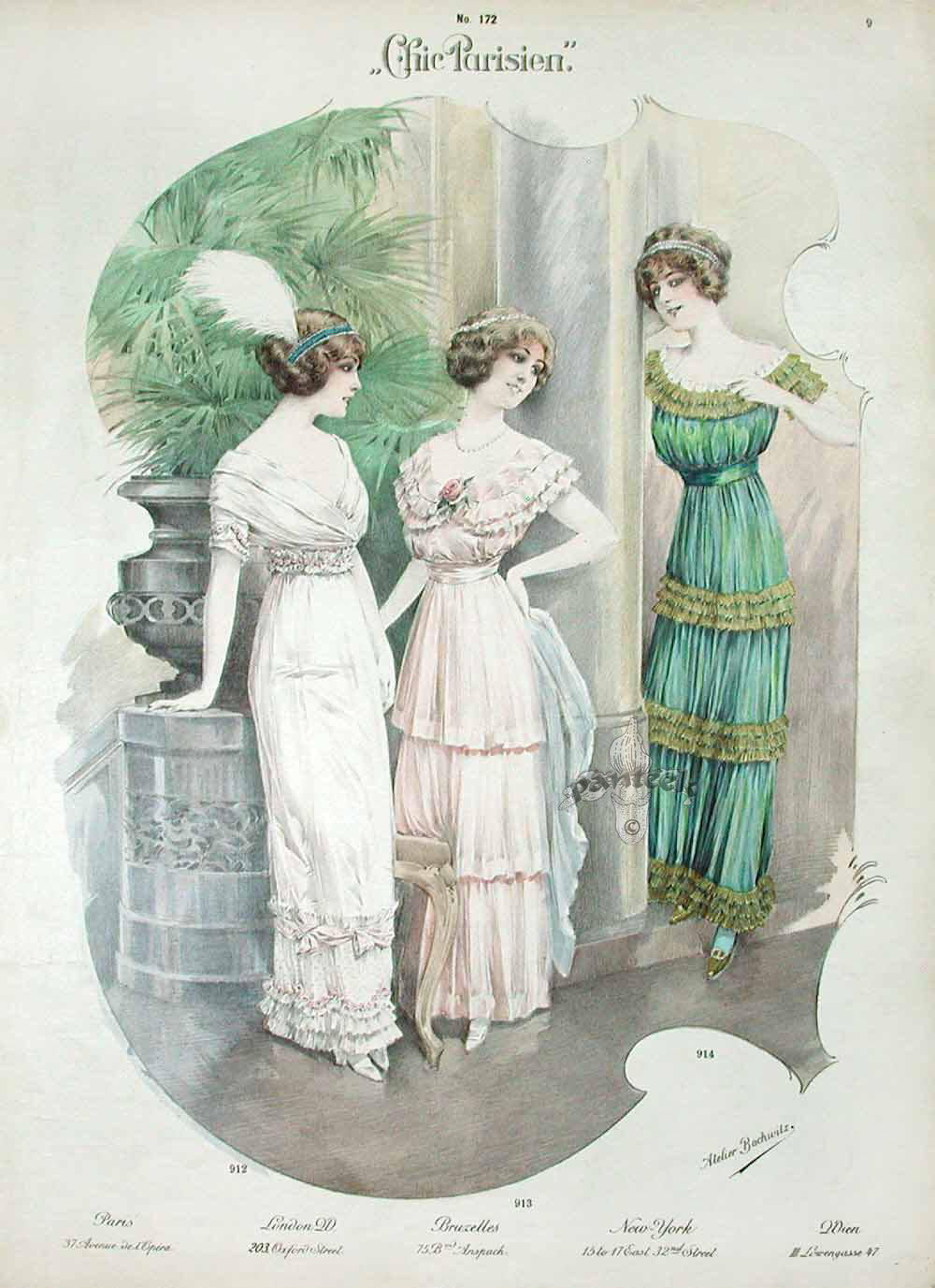 Chic Parisien Fashion Prints 1913 White, Pink, Green Dresses