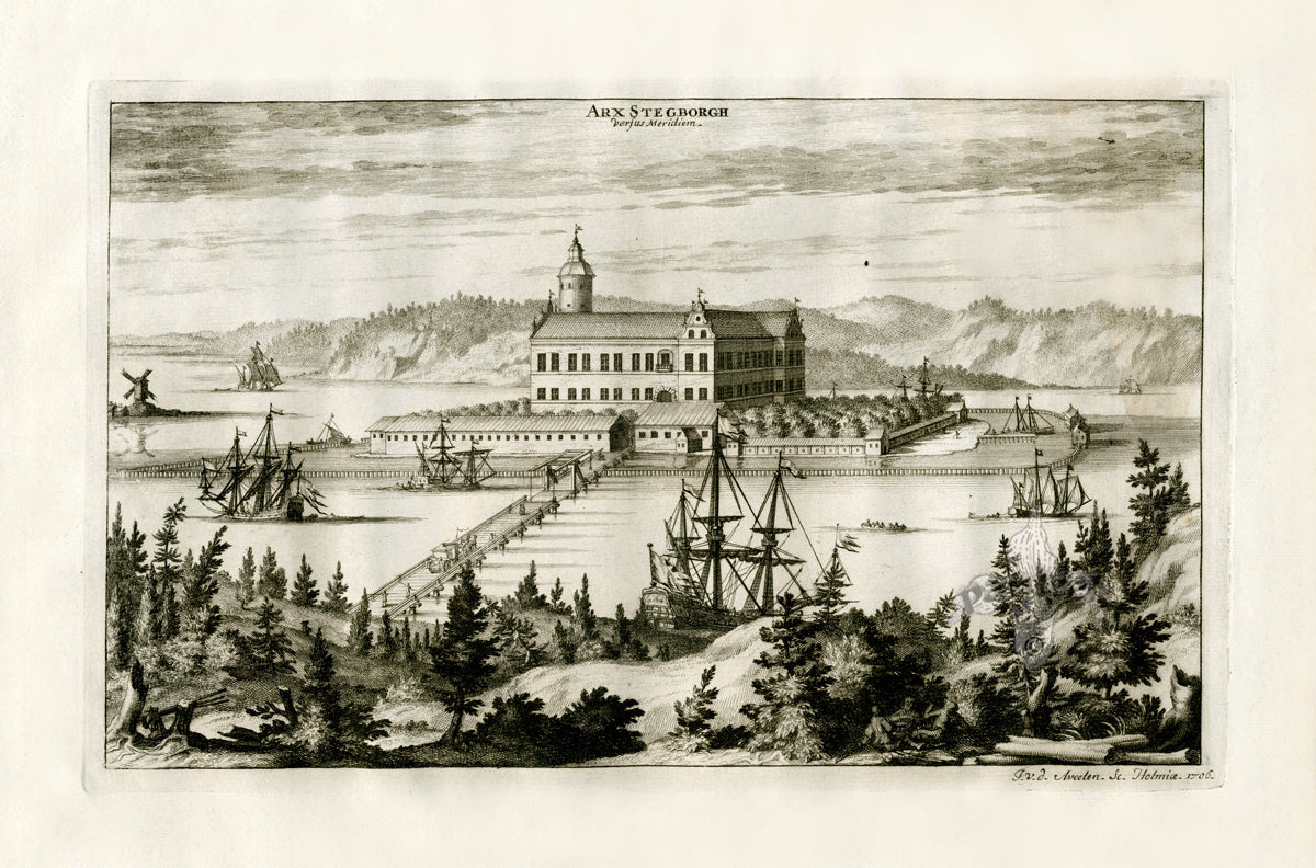 Dahlberg Antique Prints Palace & Town Arx Stegborgh Lake, Ships