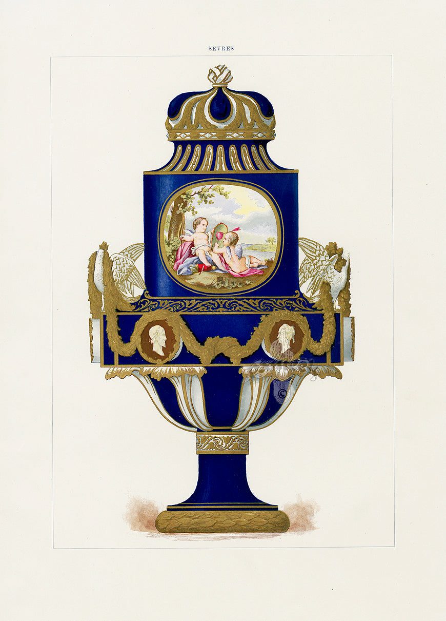 Edouard Garnier Porcelain of Sevres Blue Vase Putti, Doves