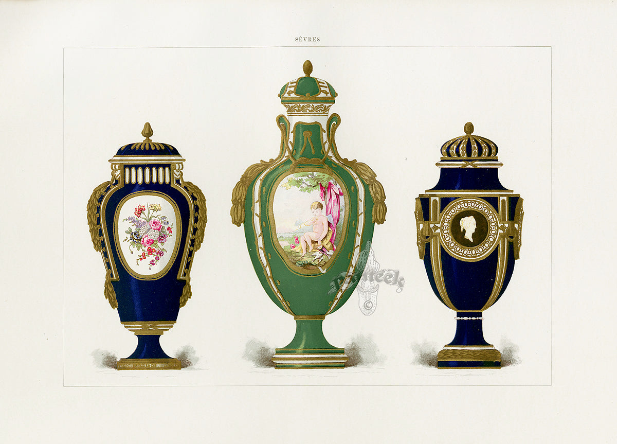 Edouard Garnier Porcelain of Sevres Print 3 Blue, Green Vases, Putti