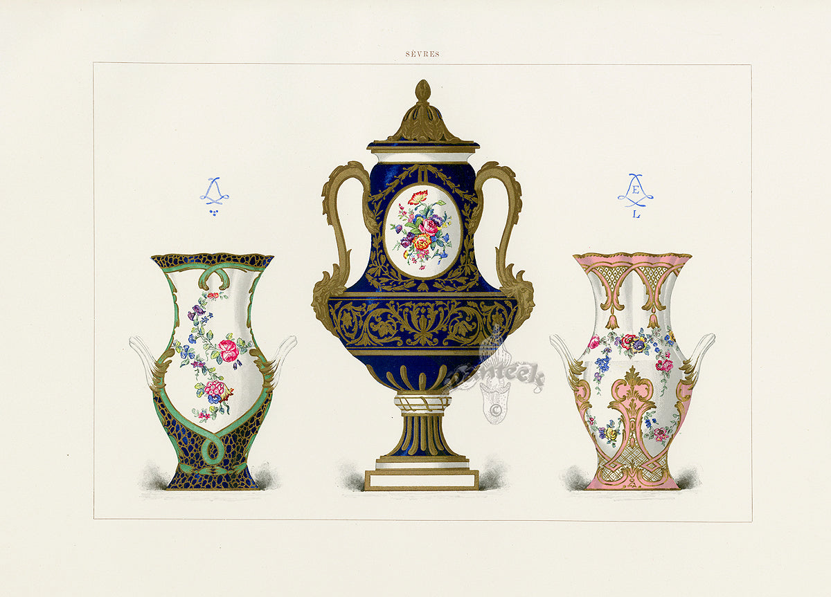 Edouard Garnier Porcelain of Sevres Print 3 Vases, Flower Garlands