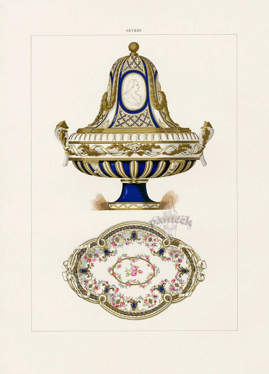 Edouard Garnier Porcelain of Sevres Print Gold Vase, Bowl, Marie Therese