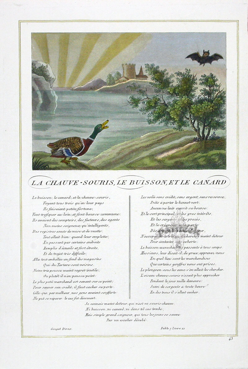 Fables de La Fontaine French Story Original Print Bat, Hedge, Duck