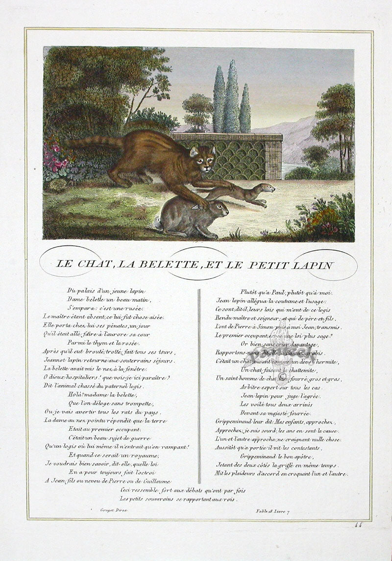 Fables de La Fontaine French Story Original Print Cat, Weasel, Rabbit