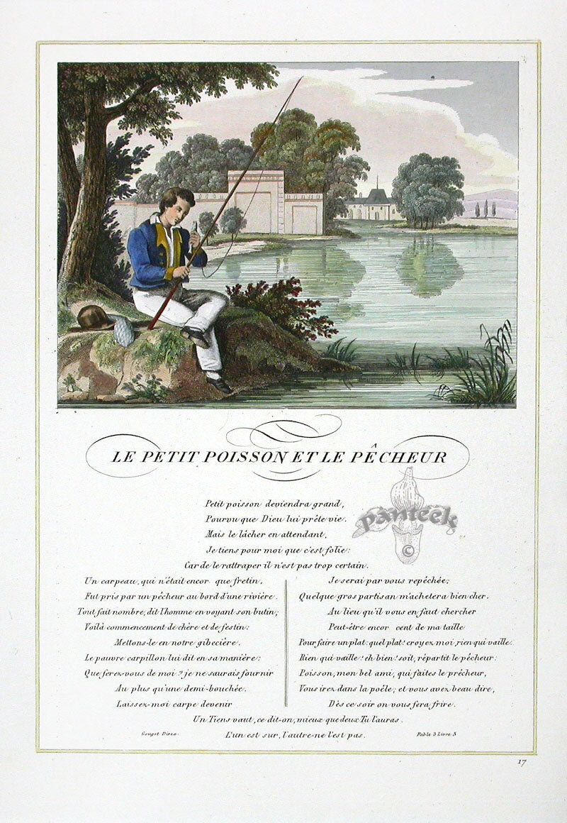 Fables de La Fontaine French Story Original Print Fish, Fisherman