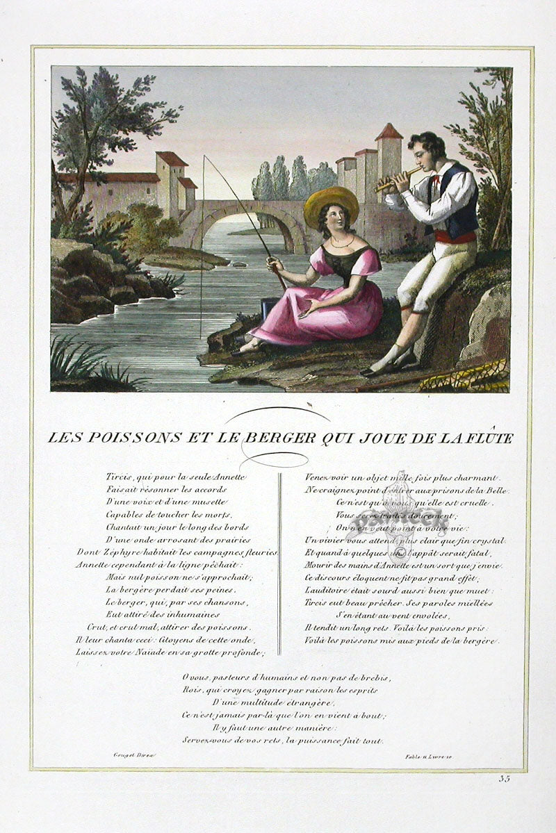 Fables de La Fontaine French Story Original Print Fish, Shepherd
