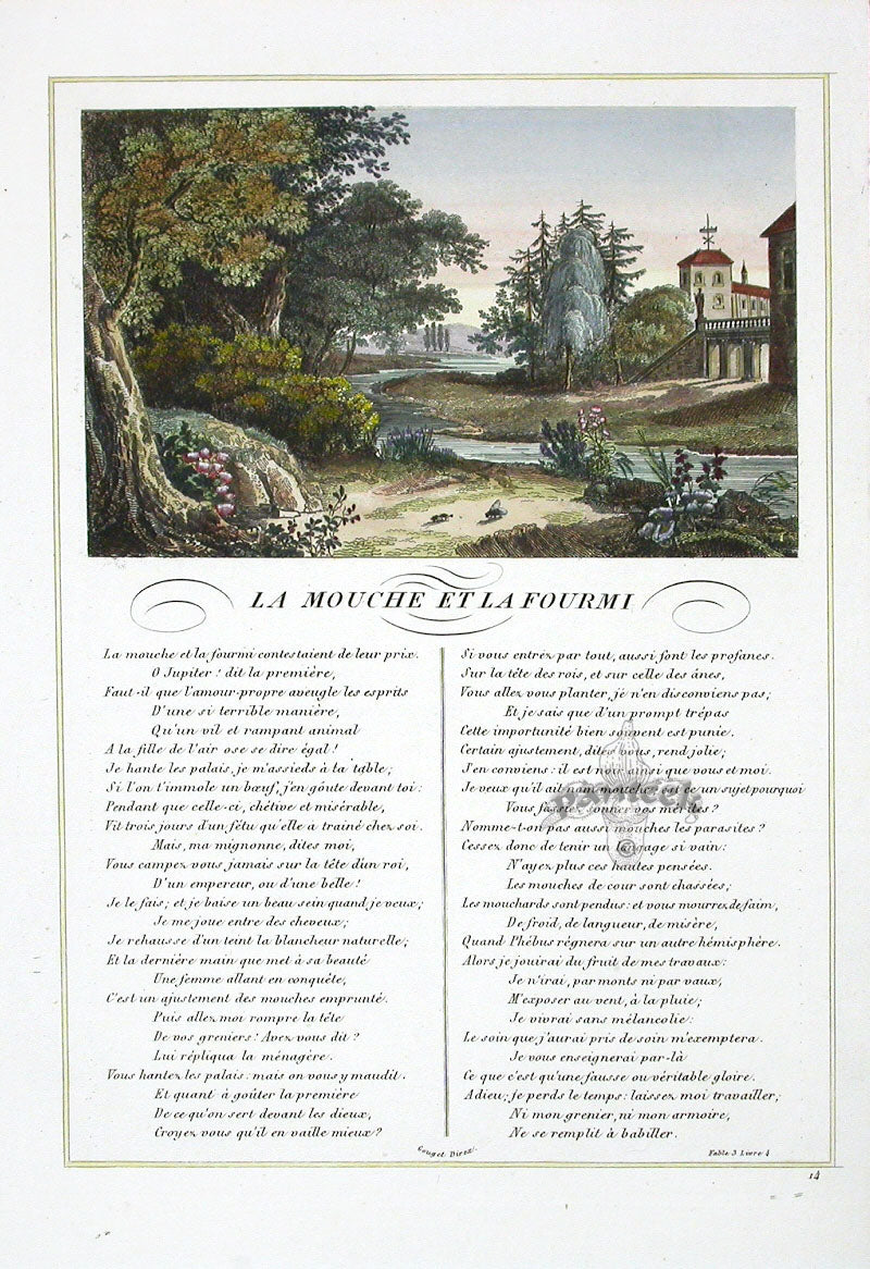 Fables de La Fontaine French Story Original Print Fly, Ant