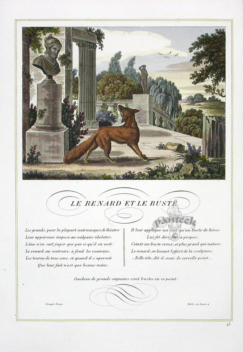 Fables de La Fontaine French Story Original Print Fox, Bust