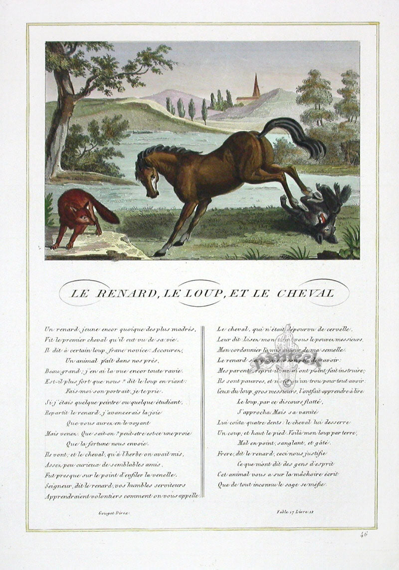Fables de La Fontaine French Story Original Print Fox, Wolf, Horse