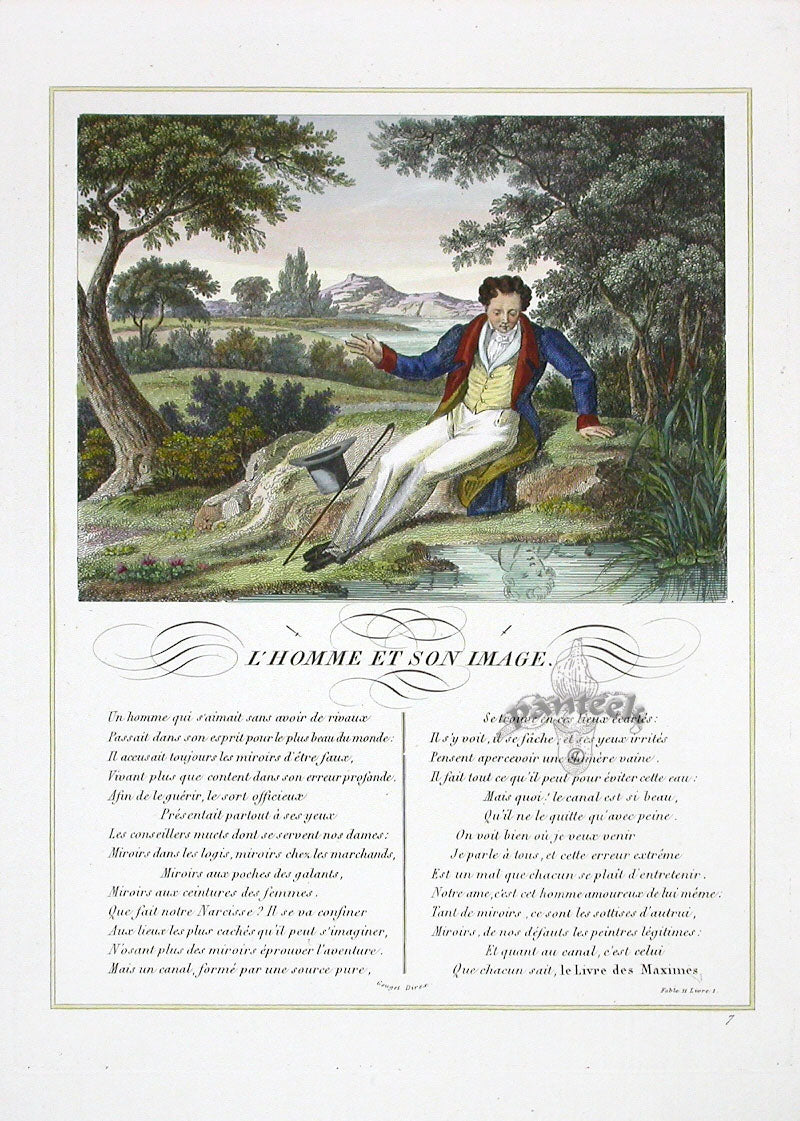 Fables de La Fontaine French Story Original Print Narcissus