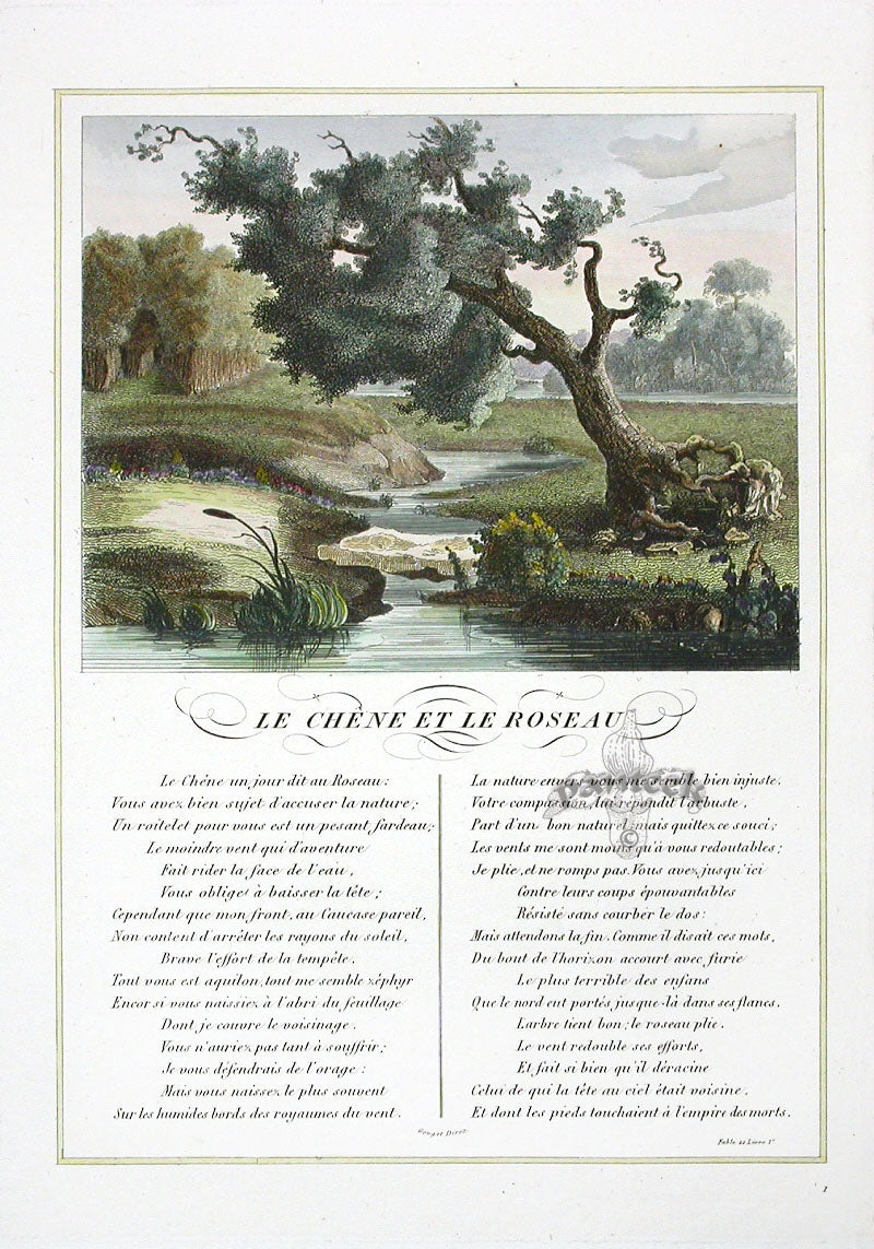 Fables de La Fontaine French Story Original Print Oak, Reed