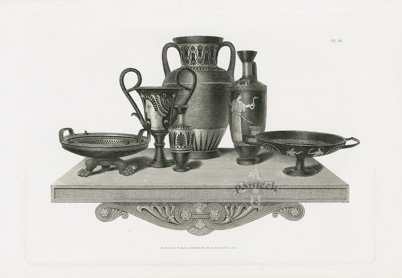 Henry Moses Print Etruscan Vases, Plaques 1820 4 Vases, Snake
