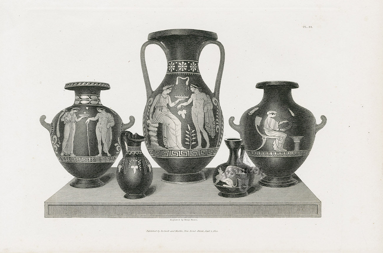Henry Moses Print Etruscan Vases, Plaques 1820 5 Vases, Sphinx