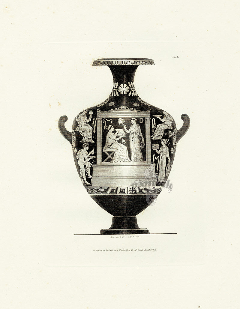 Henry Moses Print Etruscan Vases, Plaques 1820 Vase, Temple