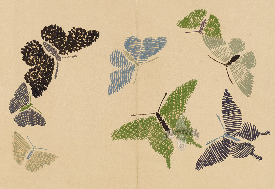 Kamisaka Sekka 1st Edition Beige, Black, Green, Blue Butterflies