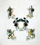 Knight Heraldry Designs 1855 Knight, Dragon, Griffon - Panteek Antique Prints