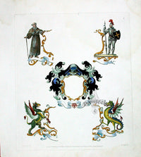 Knight Heraldry Designs 1855 Knight, Dragon, Griffon - Panteek Antique Prints