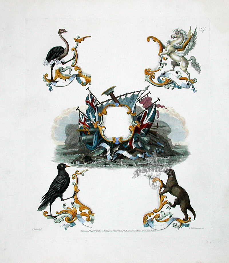 Knight Heraldry Designs 1855 Ostrich, Pegasus, Otter, Raven