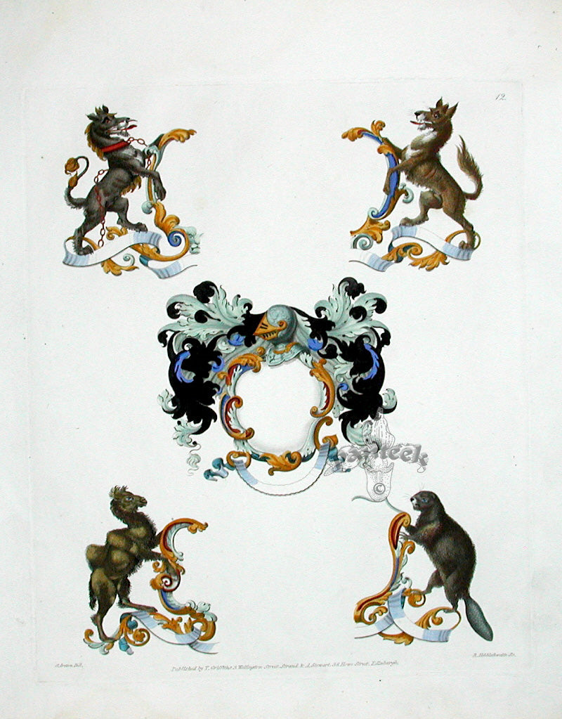 Knight Heraldry Designs 1855 Wolf, Camel, Beaver | Panteek Antique Prints