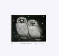 Koji Ikuta Two Muku Muku Owls on Branch - Panteek Antique Prints