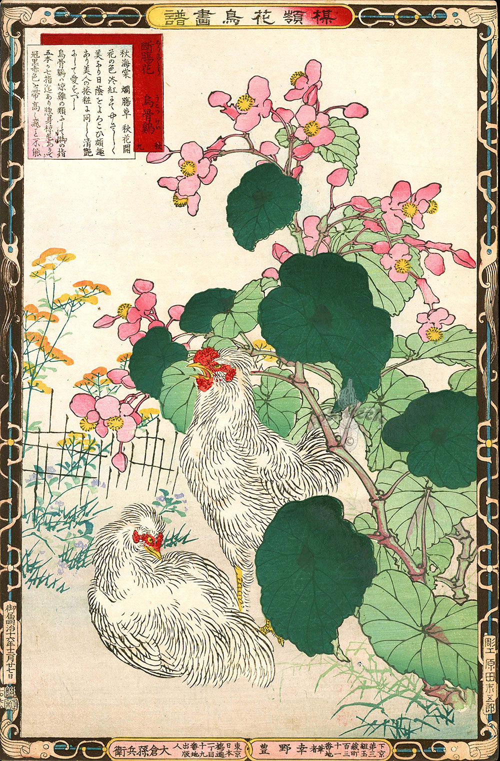 Kono Bairei Kacho Gafu 1st Edition Bird Silkie Chicken, Begonias