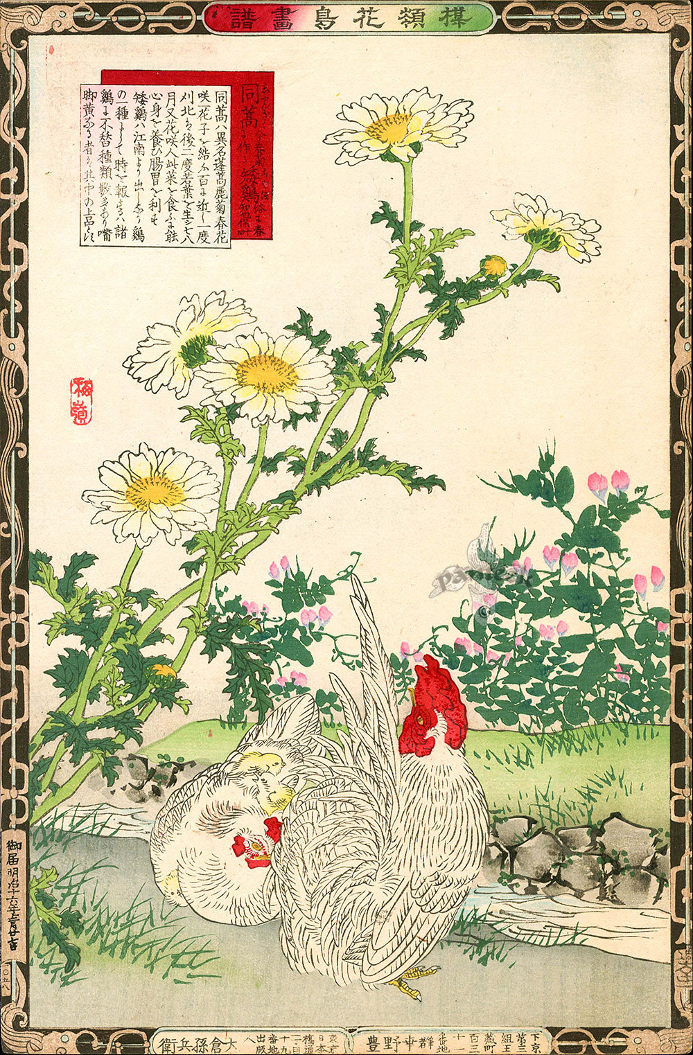 Kono Bairei Kacho Gafu 1st Edition Chabo Rooster, Hen, Daisies