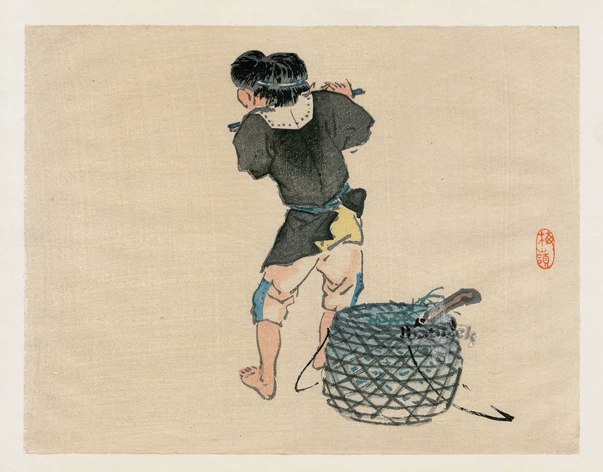 Kono Barei 1913 Original Print  People, Countryside Japan Boy, Flute