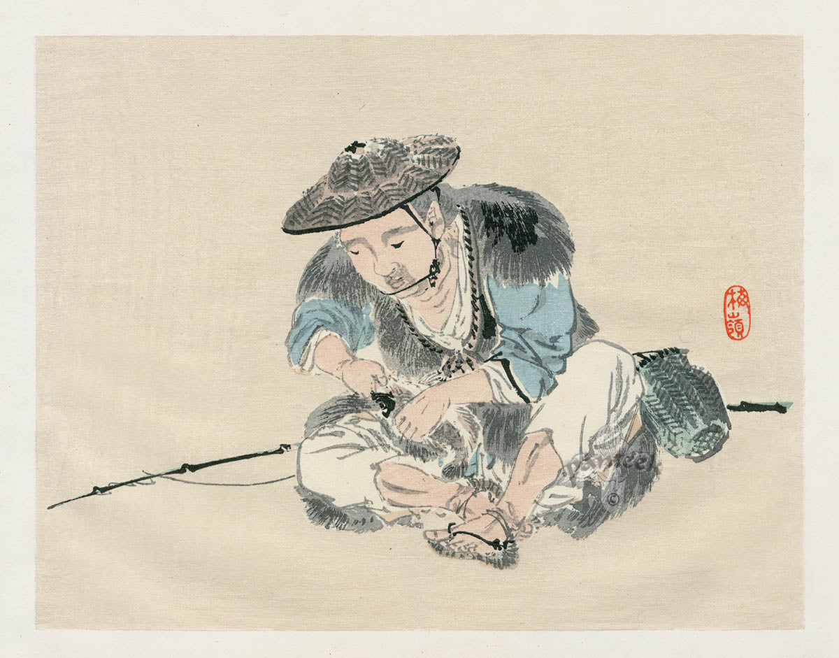 Kono Barei 1913 Original Print  People, Countryside Japan Caught