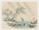 Kono Barei 1913 Original Print  People, Countryside Japan Crossing Bridge - Panteek Antique Prints