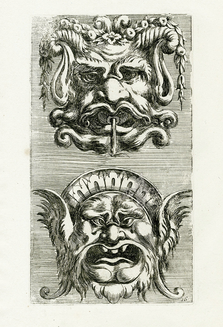 Grotesque Print Le Pautre Architecture, Statues, Fountains, 2 Grotesque Masks