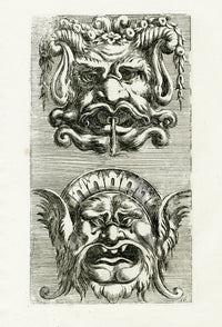 Le Pautre Architecture, Statues, Fountains, 2 Grotesque Masks - Panteek Antique Prints