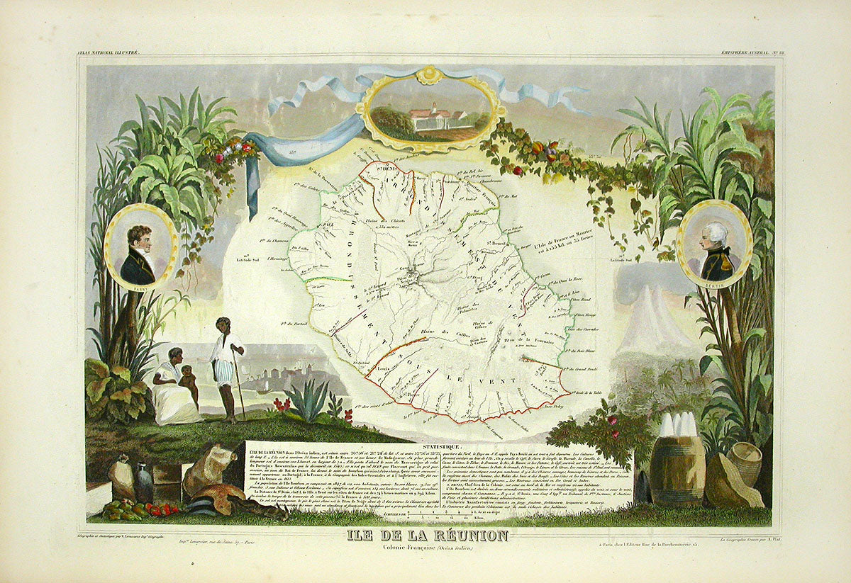 Levasseur Original Antique Map 1856 Reunion Island