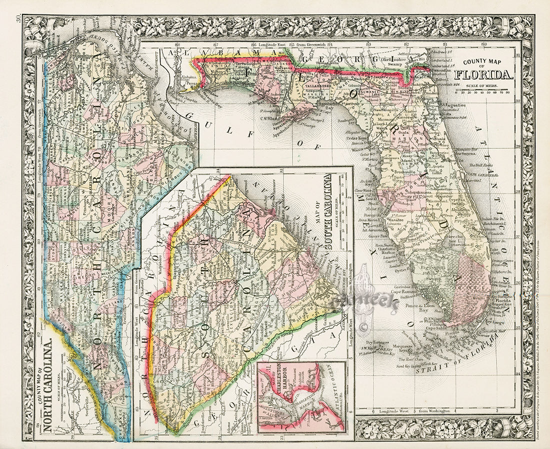 Mitchell Original Maps World Florida, N Carolina, S Carolina