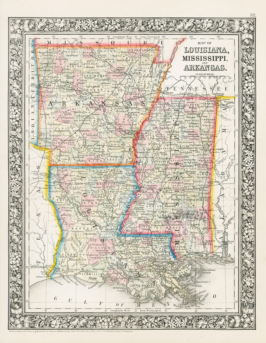 Mitchell Original Maps World Louisiana, Mississippi, Arkansas