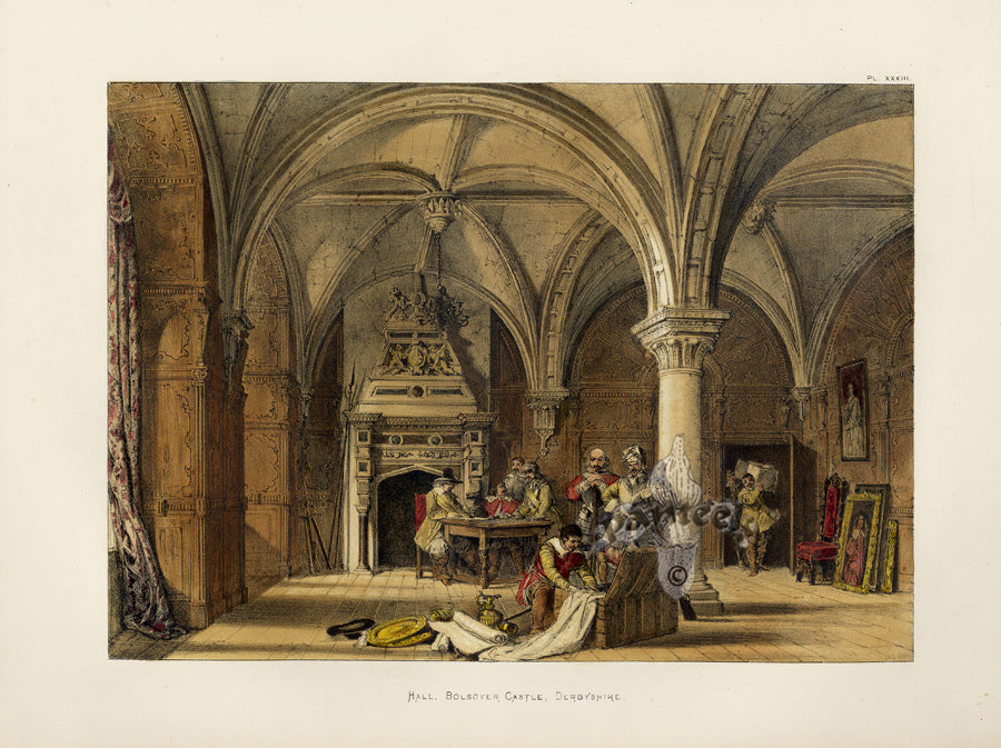 Nash Architecture Hand Colored Lithograph Bolsover Castle