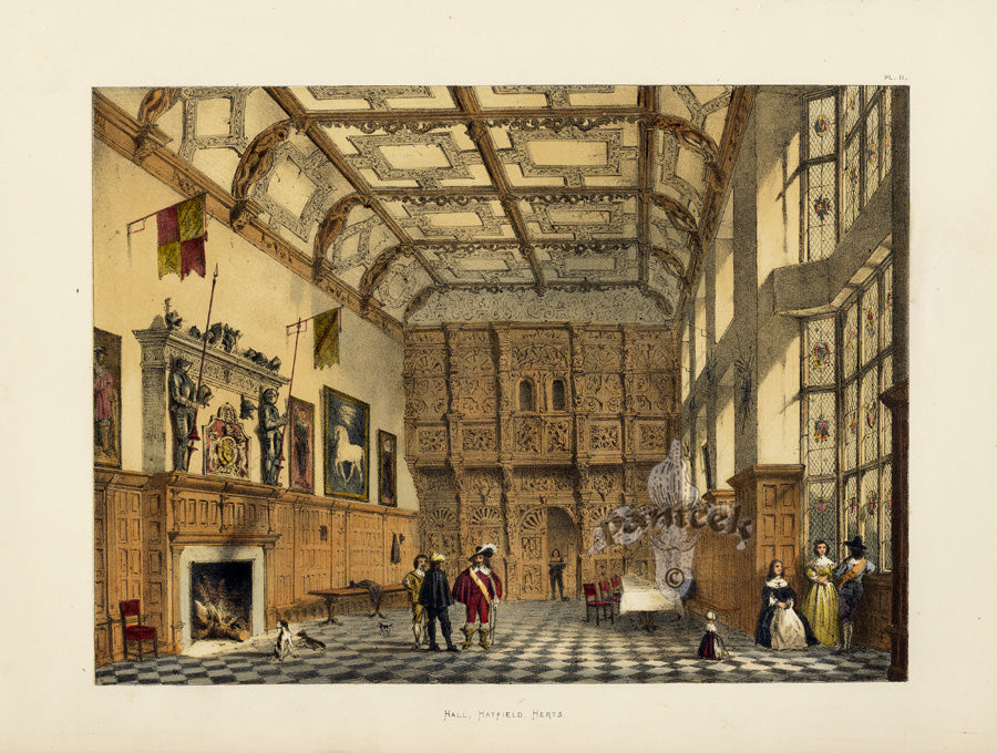 Nash Architecture Hand Colored Lithograph Hatfield House